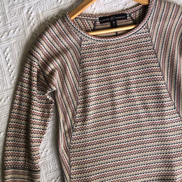 Almost Famous Tops - Almost Famous Textured Knit Long Sleeve Shirt Womens Med Striped Boho Langenlook